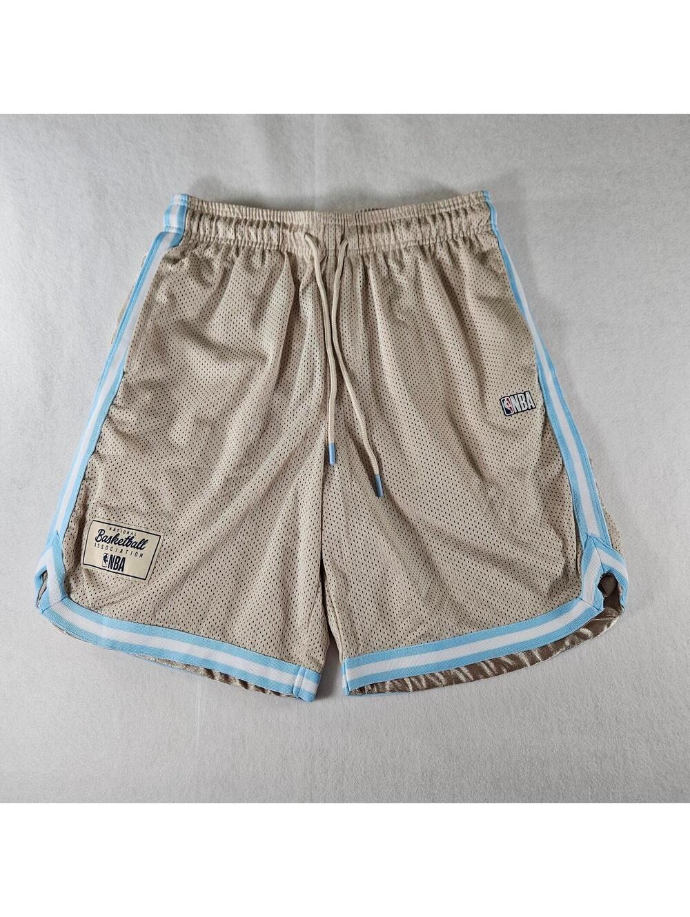 NBA Basketball Shorts Mens Small Beige Mesh Blue Trim Athletic Drawstring - Picture 10 of 10